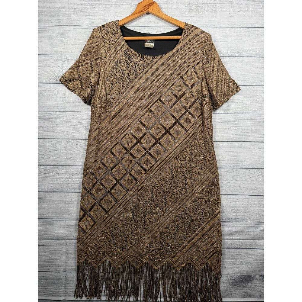 Vintage Helene Blake Women's 16 Bronze Black Lurex Fringe Midi Dress 4376